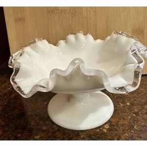 Fenton Silver Crest Milk Glass Compote Pedestal Candy‎ Dish Ruffled Bowl Vintage
